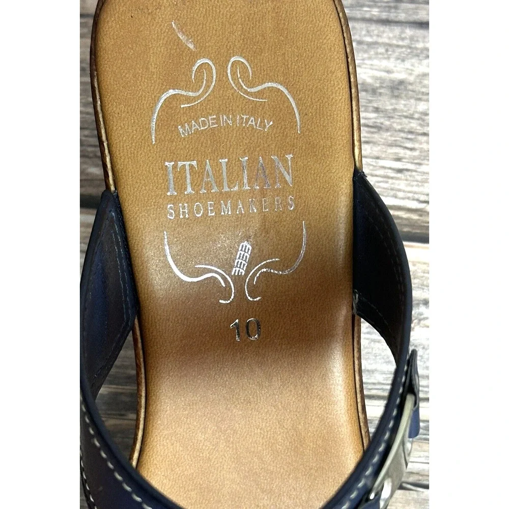 Italian Shoemaker Sandals Wedge‎ Navy Blue Leather Straps Fits 10 M